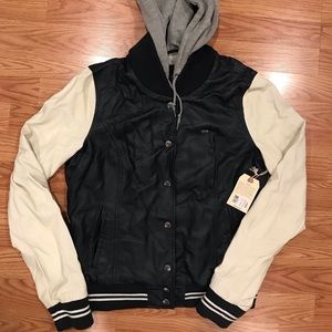 Obey leather jacket with knit hood